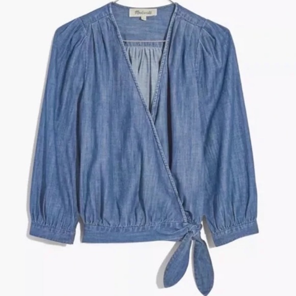 Madewell Denim Wrap Top in Blue Chambray Sz L - Picture 5 of 10